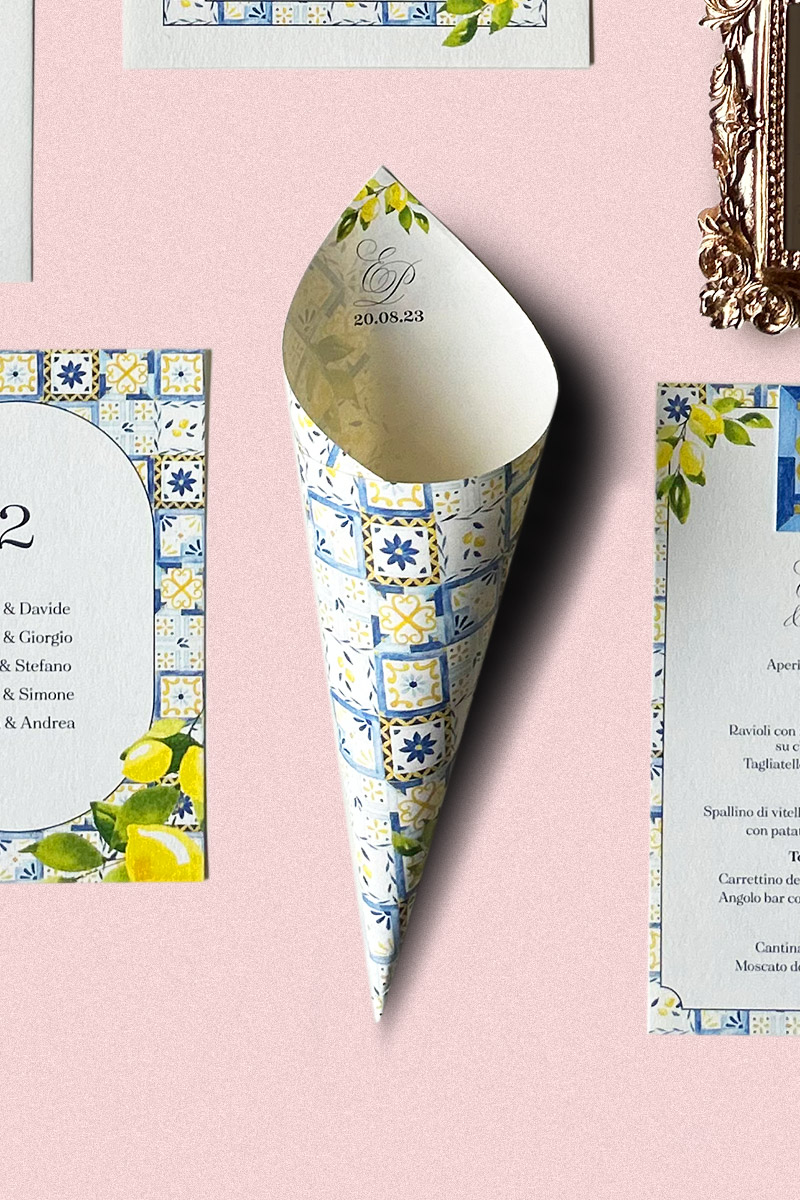 Cono Porta Riso Collezione La Dolce Vita - Coordinato matrimoniale in stile mediterraneo per un matrimonio romantico Cono Porta Riso Collezione La Dolce Vita