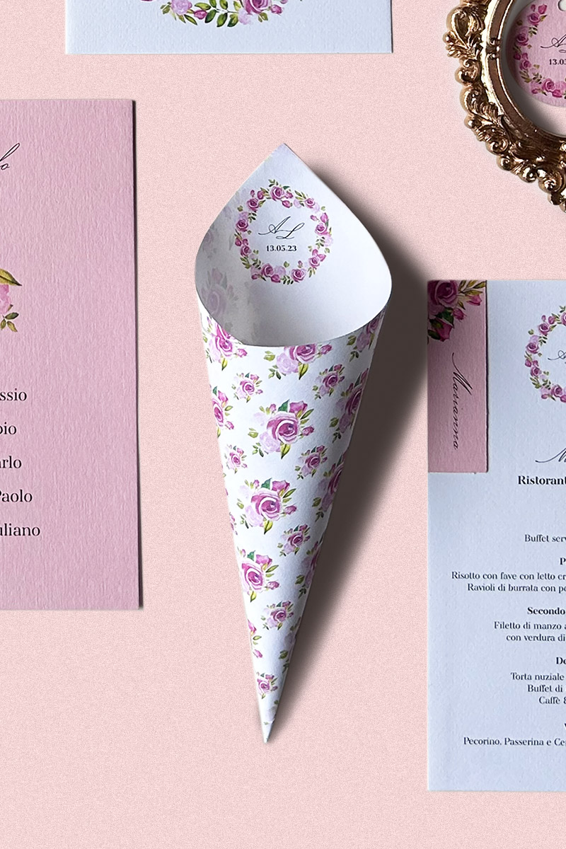 Cono Porta Riso Collezione Romance - Coordinato matrimoniale ispirato alle rose per un matrimonio romantico Cono Porta Riso Collezione Romance