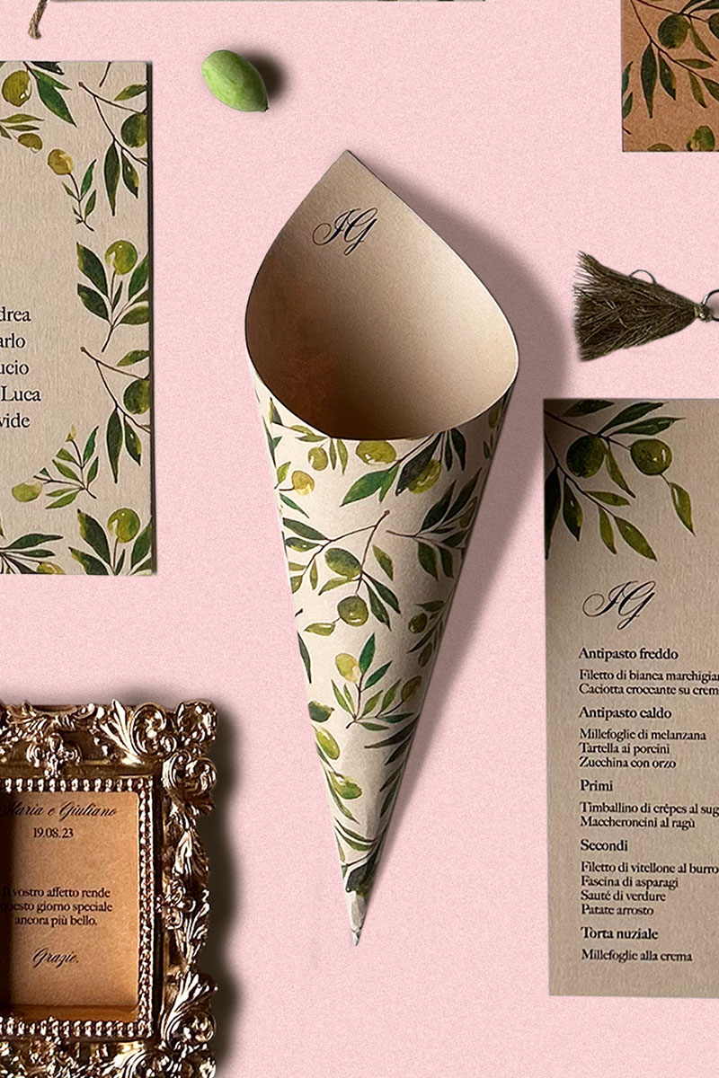 Cono Porta Riso Collezione Ulivo - Coordinato matrimoniale ispirato agli ulivi per un matrimonio speciale Cono Porta Riso Collezione Ulivo